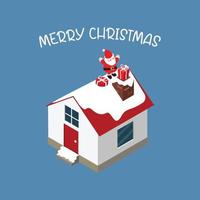 isometric Christmas banner with Santa on the roof to deliver Christmas gift from the chimney vector