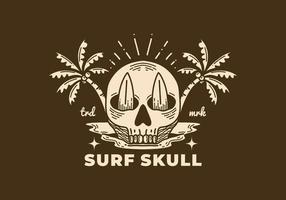 ilustración vintage de una calavera con dos tablas de surf y cocoteros vector