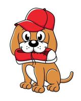 Dog chewing a shoes with wearing snap back hat vector cartoon illustration