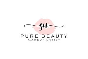 Initial SU Watercolor Lips Premade Logo Design, Logo for Makeup Artist Business Branding, Blush Beauty Boutique Logo Design, Calligraphy Logo with creative template. vector