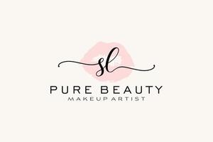 diseño de logotipo prefabricado inicial de labios de acuarela sl, logotipo para marca comercial de artista de maquillaje, diseño de logotipo de boutique de belleza rubor, logotipo de caligrafía con plantilla creativa. vector