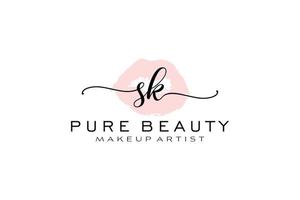 diseño de logotipo prefabricado inicial de labios de acuarela sk, logotipo para la marca comercial de maquilladores, diseño de logotipo de boutique de belleza ruborizada, logotipo de caligrafía con plantilla creativa. vector