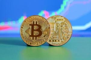Two gold bitcoins lie on the green surface on the background of the display, which depicts the growth of the position on the chart photo