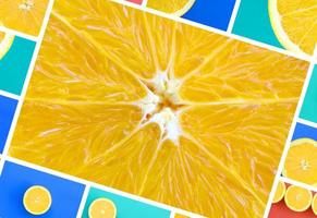 A collage of many pictures with juicy oranges. Set of images with fruits on backgrounds of different colors photo