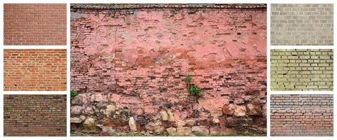 A collage of many pictures with fragments of brick walls of different colors close-up. Set of images with varieties of brickwork photo