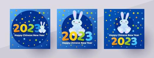 Chinese New Year 2023 year of the rabbit. Template for social post or cover. Greetings card. Cute cartoon rabbit and 2023 number. Vector illustration