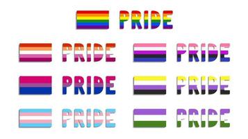 Set of Sexual identity pride flags, LGBT symbols. Flags of transgender, bisexual, lesbian, genderfluid and non-binary identities. Vector illustration. Lettering PRIDE in color of flags.