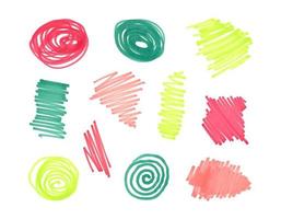 Hand drawn scribble and strokes with felt pen. Colored elements for disign drawn with markers isolated on white background. Vector illustration.