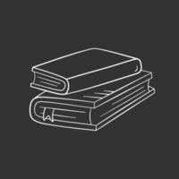 Book in doodle style, vector illustration. Icon of book stack with ribbon for print and design. Isolated element on chalk board background. Concept of back to school, hand drawn graphic sketch