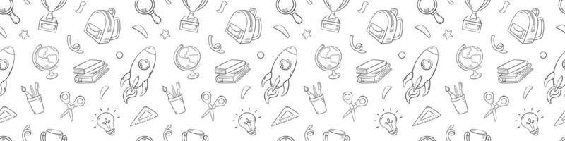 School seamless pattern in doodle style, vector illustration. Back to school concept, stationery symbols on a white background. Pattern hand drawn for print and design online education, quiz game