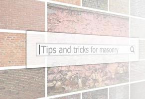 Visualization of the search bar on the background of a collage of many pictures with fragments of brick walls of different colors close up. Tips and tricks for masonry photo