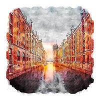 Speicherstadt Germany Watercolor sketch hand drawn illustration vector