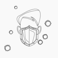 Editable Isolated Vector Illustration of a Male Character Using Mask as Shield from Viruses in Outline Style for Artwork Element of Healthcare and Medical Related Design