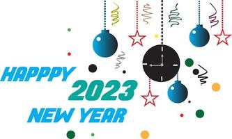 fondo feliz año nuevo 2023 y ornament.2023 feliz año nuevo. número de metal dorado en bolas de navidad de vidrio cuelgan de la cinta. letrero metálico de renderizado 3d realista. vector