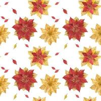 Christmas Red Gold Poinsettia watercolor seamless pattern vector