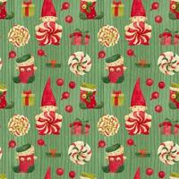 Christmas Elves Factory green pattern with stockings and lollipops vector