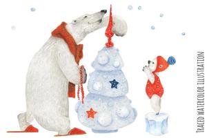 gran oso polar y oso de peluche decoran el árbol de año nuevo vector