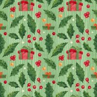 Christmas Holly green pattern with gift box, traced watercolor vector