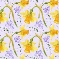 Yellow daffodil and purple freesia watercolor seamless pattern vector