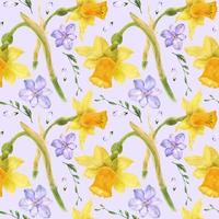 Yellow daffodil and purple freesia watercolor seamless pattern vector