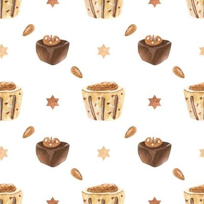 Sweet romantic watercolor pattern with chocolate candies