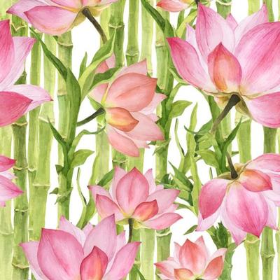 Pink Lotus and Green Bamboo seamless pattern