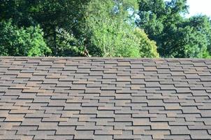 Modern roofing and decoration of chimneys. Flexible bitumen or slate shingles photo