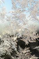Snowflakes frost rime macro on window glass pane photo