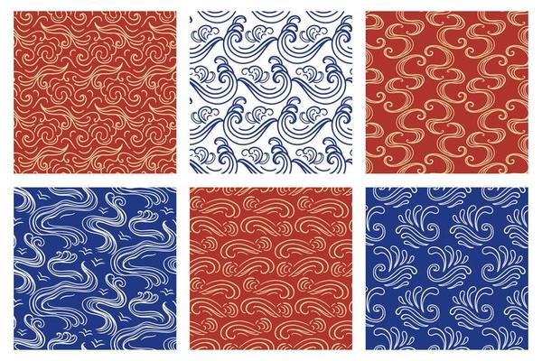 Japanese, Chinese seamless patterns set. Traditional ornament backgrounds