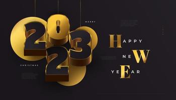 feliz año nuevo 2023 banner con números 3d negros y dorados colgantes aislados en fondo negro. Diseño de año nuevo 2023 para pancarta, afiche o tarjeta de felicitación vector