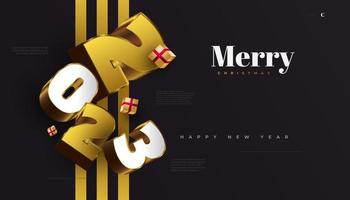 feliz año nuevo 2023 banner con números 3d blancos y dorados aislados en fondo negro. Diseño de año nuevo 2023 para pancarta, afiche o tarjeta de felicitación vector