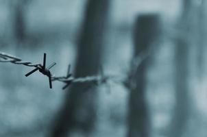 Macro shot of an element of old and rusty barbed wire with a blurred background. Fragment of a village fence of a territorial site photo