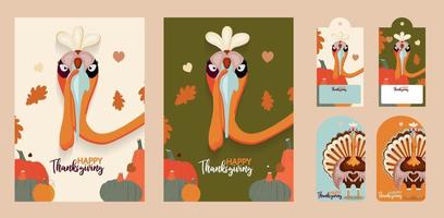 Thanksgiving autumn set. Vector illustration.Thank you digital painting, cute turkey banner, card. Festive background with funny turkey