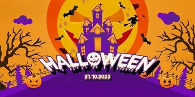 halloween festival background image banner style In the picture there are pumpkins moons trees bats clouds purple orange tones vector
