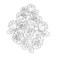 ilustración de vector de flor rosa con ramo de rosas pétalo floreciente para página de coloración de adultos