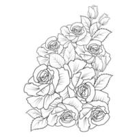 ilustración de vector de flor rosa con ramo de rosas pétalo floreciente para página de coloración de adultos