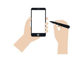 Hand holding a smartphone while use stylus pencil, Vector. vector