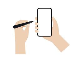 Hand holding a smartphone while use stylus pencil, Vector. vector