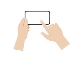 Hand holding a smartphone in horizontal and touch on screen, Vector. vector