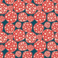 Seamless pattern with fly agarics and spotted hats. Flat colorful illustration of red grebes on blue background. Flat drawing sketch. Vector illustration in a flat style.