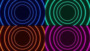 Set of abstract radial motion lines circles blue, green, pink, red colors glowing neon luminous lighting effect bright energy rays with dots particles on dark background vector