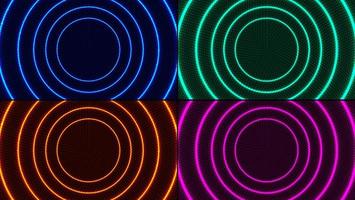 Set of abstract radial motion lines circles blue, green, pink, red colors glowing neon luminous lighting effect bright energy rays with dots particles on dark background vector