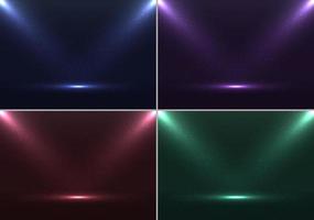 Set of empty stage blue, purple, red, green colors scene background with spotlights and dust particles effect vector