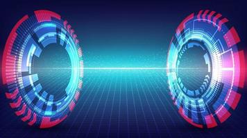 Abstract technology digital futuristic transfer big data concept blue HUD tunnel with lighting effect and particles on dark blue background vector