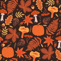 Seamless autumn pattern with leaves, mushrooms, berries. Vector graphics.