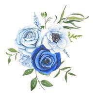 Floral arrangement with blue and white flowers and green leaves vector