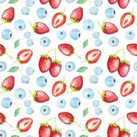 Seamless berry pattern with strawberries and blueberries, watercolor vector