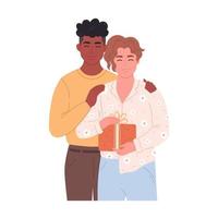 Gay couple hugging and giving gift. Love couple with present. LGBT family. Multicultural couple. Holiday surprise. vector