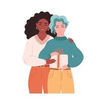 Lesbian couple hugging and giving gift. Love couple with present. LGBT family. Christmas celebration. vector