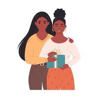 Black lesbian couple hugging and giving gift. Love couple with present. LGBT family. Christmas celebration. vector